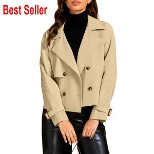 Cropped Trench Coat Double Breasted Notched Lapel Casual Loose Fit Jacket with